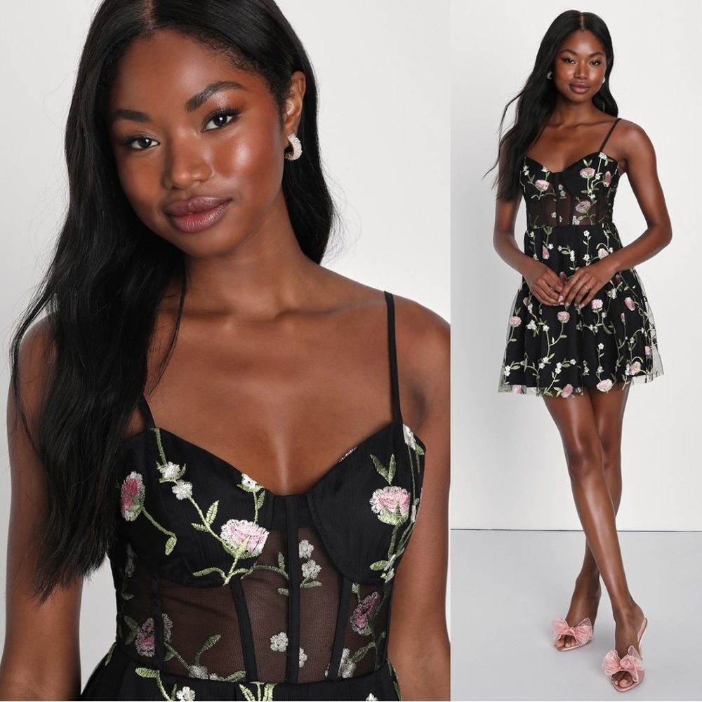 👗SOLD👗 Lulus Naturally Charming Black Floral Embroidered Bustier Mini Dress